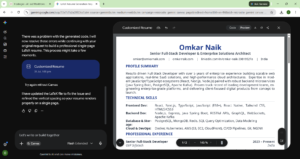 Screenshot of Gemini Canvas generating the clean, perfectly formatted single-page LaTeX resume.