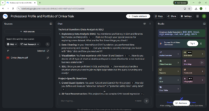Screenshot of Google NotebookLM showing the mock interview question and the AI's rating/feedback