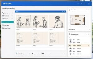 Screenshot of the full pre-production plan generated by SmartShot, showing the storyboard, floor plans, and camera lens choices