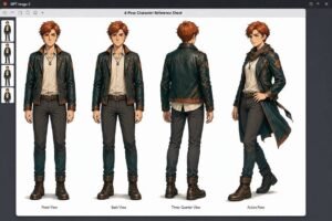 Screenshot showing the 4-pose character reference sheet generated by GPT Image 2.