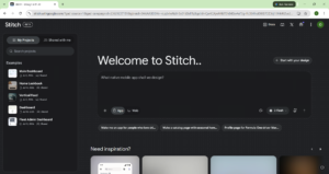 Screenshot of the Google Stitch interface showing the new streaming design canvas and Figma import options.
