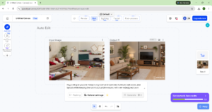 Screenshot of the Interior AI interface showing a "before" photo of a messy room and an "after" photo of a redesigned room.