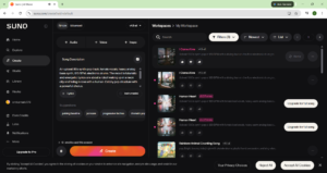 Screenshot of the Suno AI interface showing the text prompt box and the generated audio waveforms.