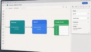  Screenshot of the Make.com visual workflow builder showing a webhook connecting to OpenAI and Google Sheets.