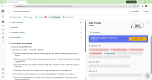 Screenshot of the Teal AI dashboard showing the resume tailoring feature comparing a job description to resume keywords.